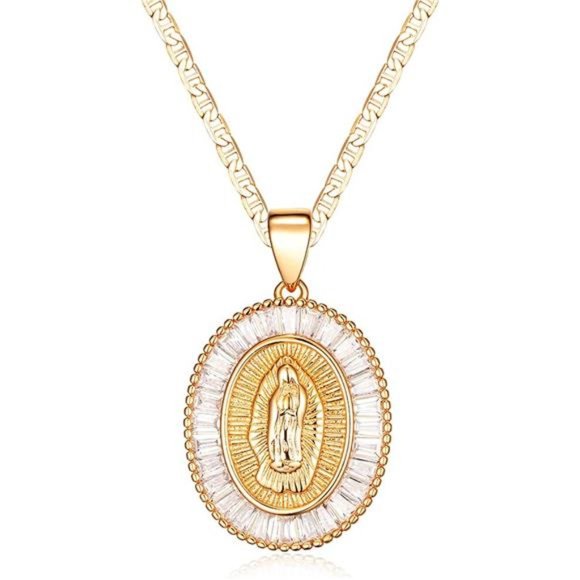 18K Gold Plated Chain Necklace With Cubic Zirconia Virgin Mary Charm Pendant - Picture 8 of 9